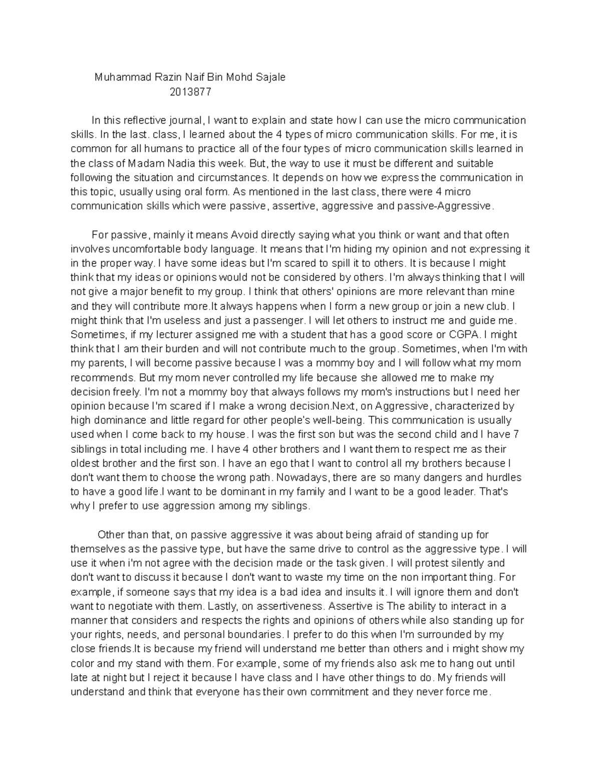 Reflective Journal on Micro Communication Skills - 2013877 - Studocu