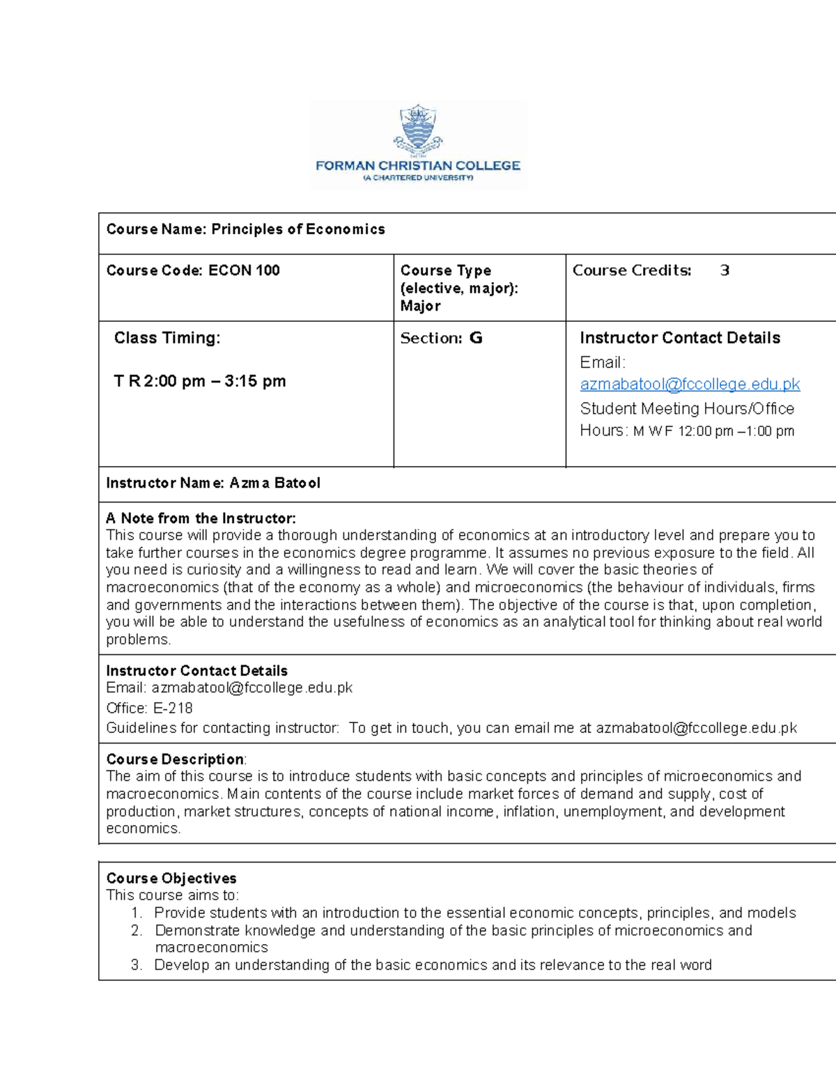 Course Outline ECON 100(G)- FA24 - Course Name: Principles of Economics ...