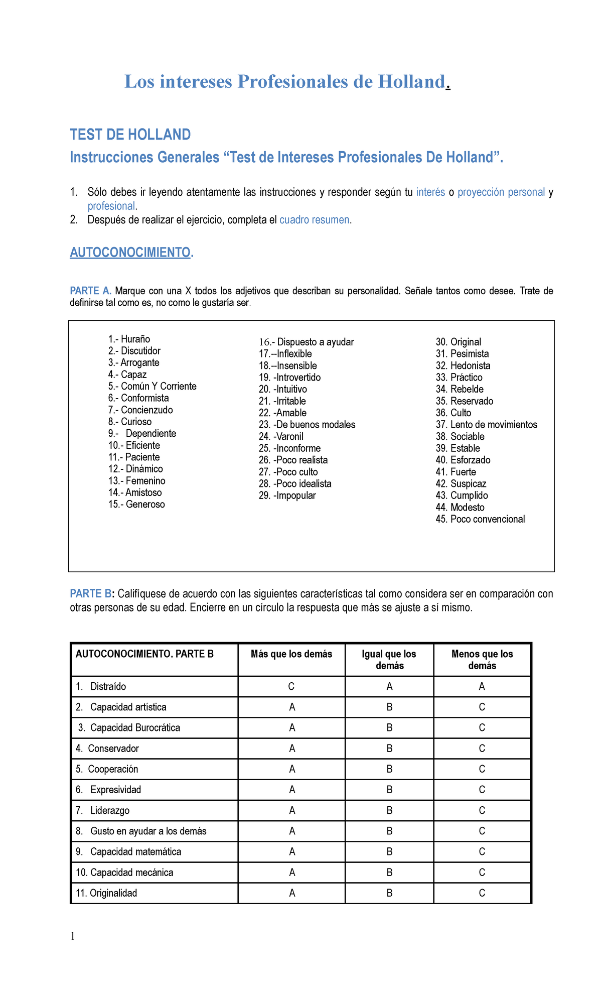 Test de Holland: Intereses y Orientación Vocacional - Document Preview