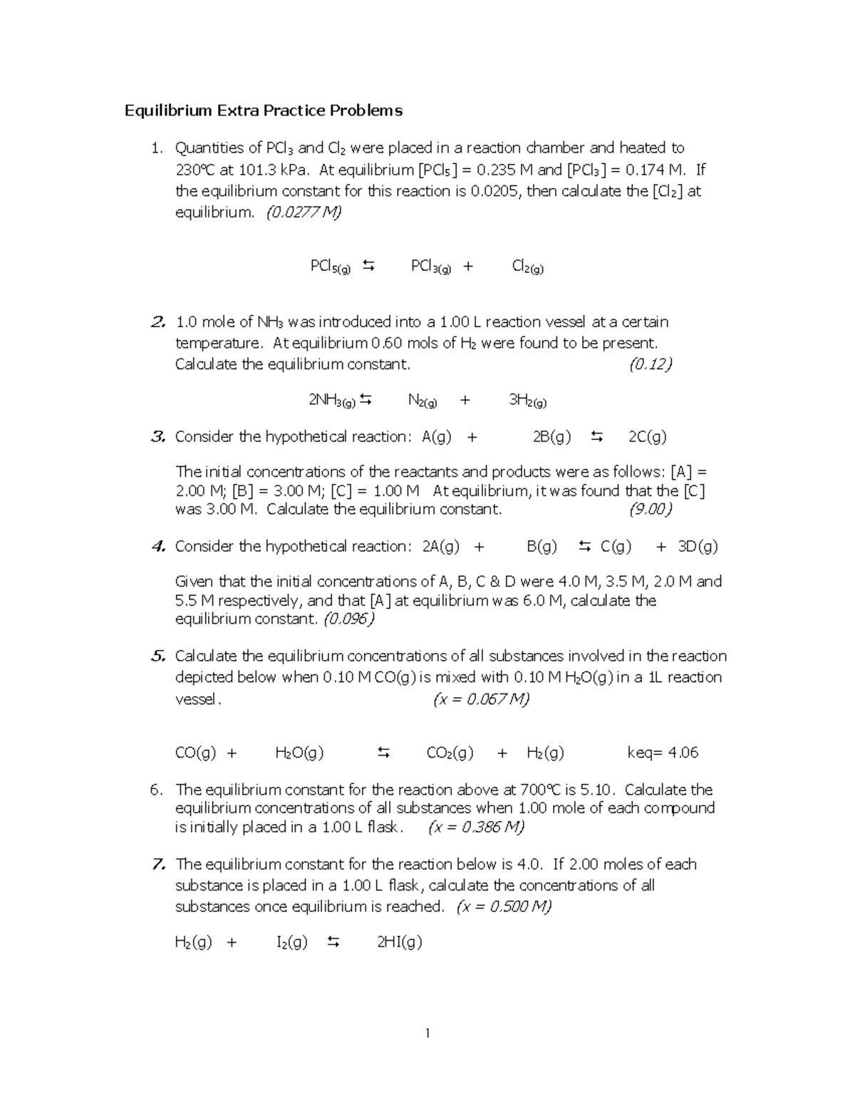 Equilibrium Extra Practice Problems for Chemistry 101 - Studocu