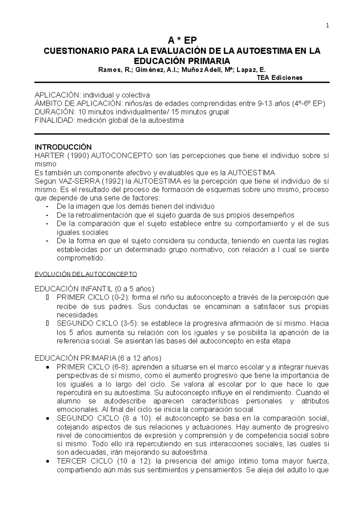 Instructivo de APE - TEST PARA EVALUAR AUTOESTIMA - A * EP CUESTIONARIO ...