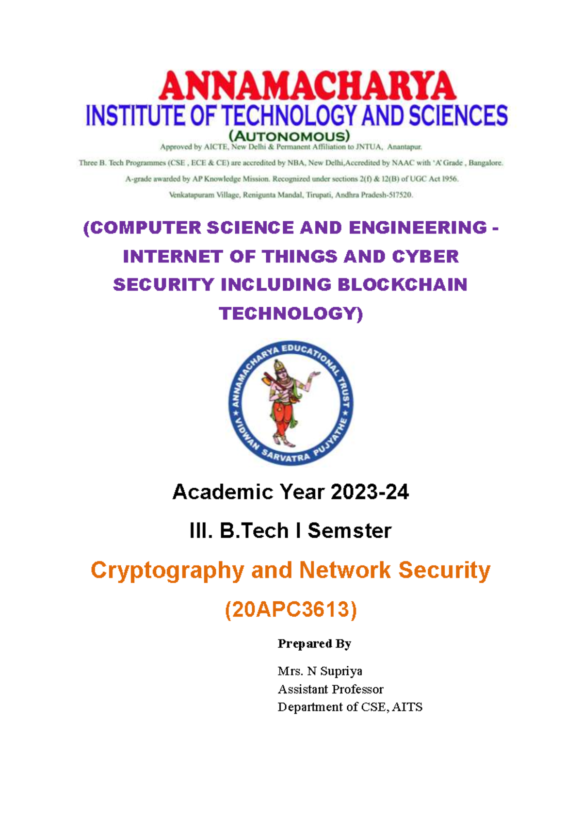 Cryptography & Network Security Overview - (20APC3613) Lecture Notes ...