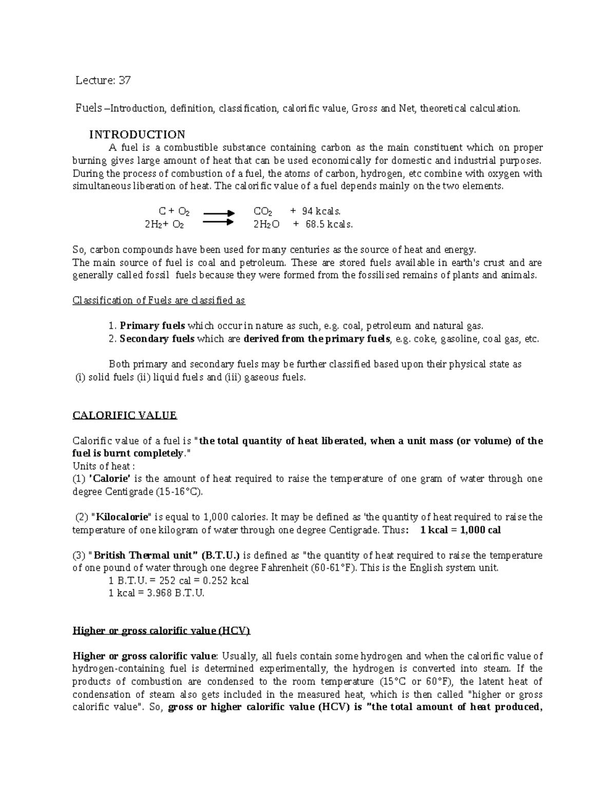 Unit V - Fuels & Combustion - Lecture: 37 Fuels –Introduction ...