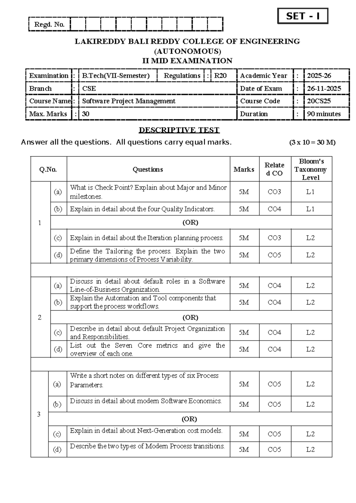 SPM 20CS25 II Mid Exam Set I - Question Paper - Studocu