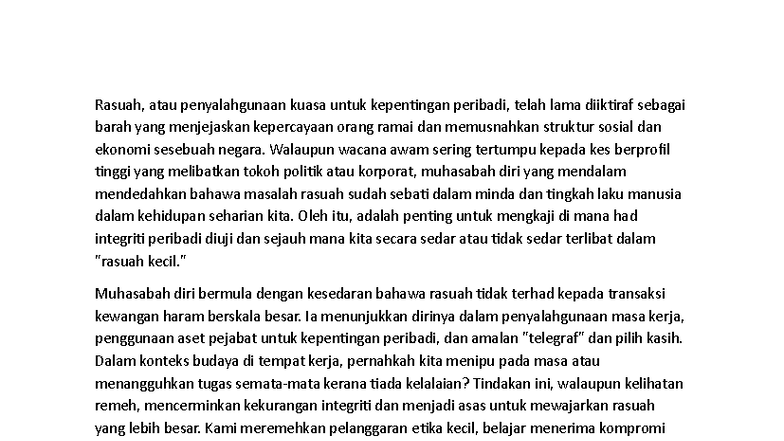 Rasuah dan Integriti: Refleksi Peribadi dan Etika Harian - Studocu