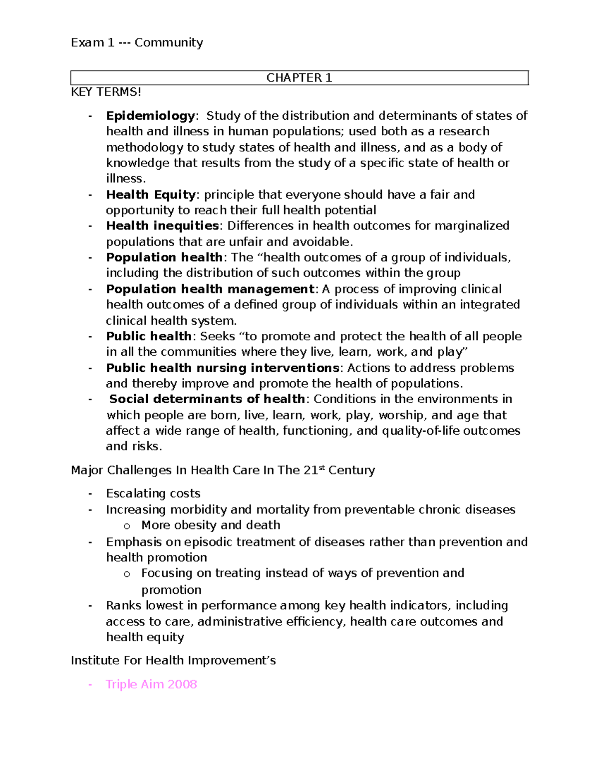Exam 1 Community: Key Terms and Concepts in Public Health - Studocu