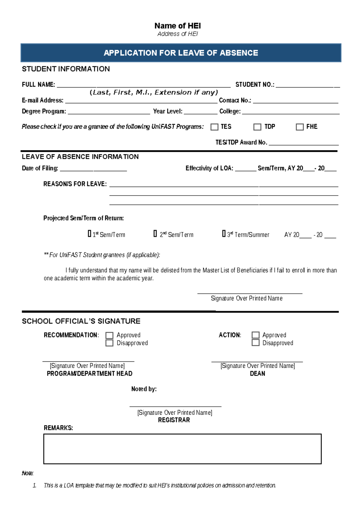 LOA Template - saadad - Name of HEI Address of HEI APPLICATION FOR ...