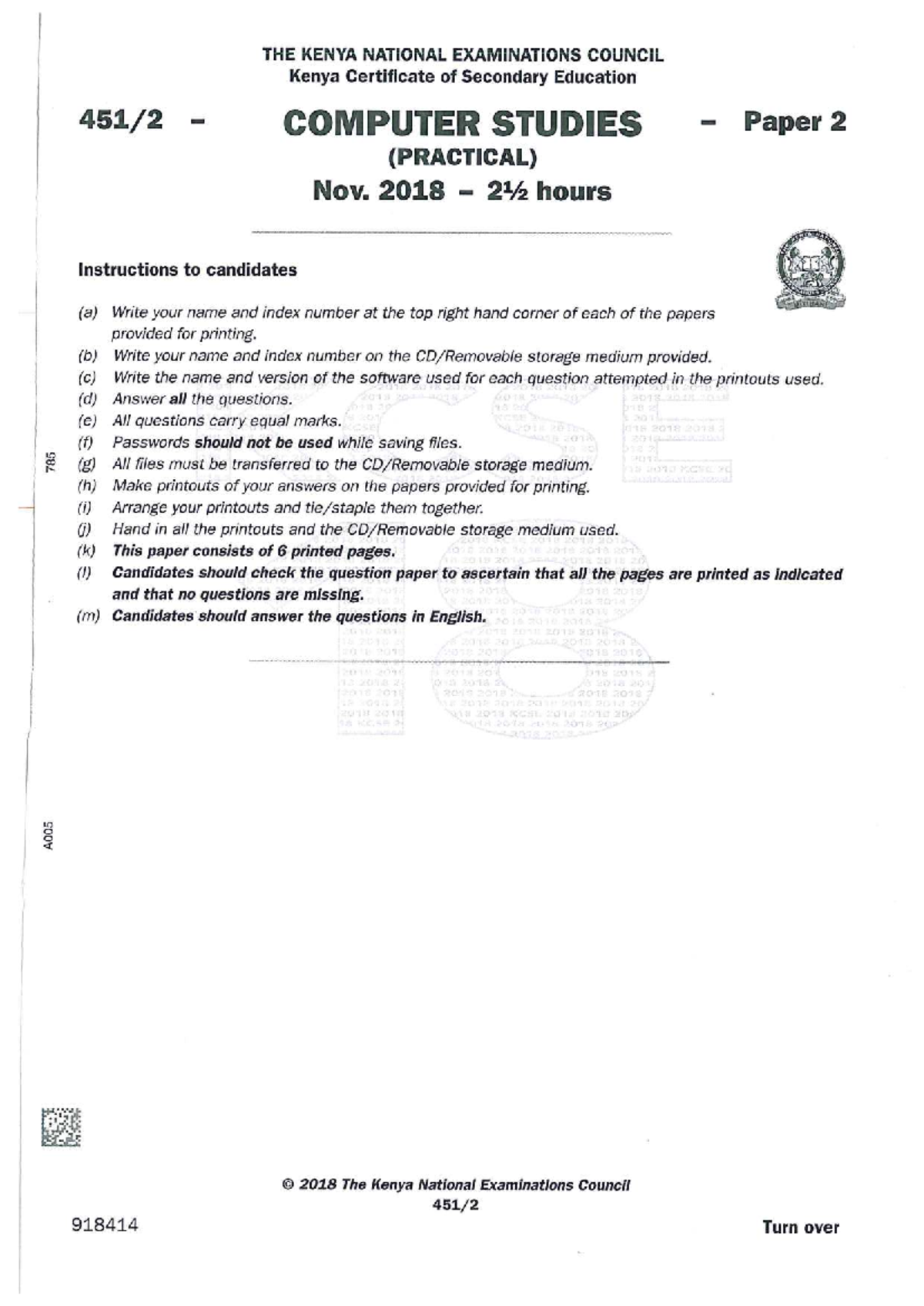 KCSE 2018 KNEC COMPUTER STUDIES Paper 2 - Practical Exam Guide - Studocu