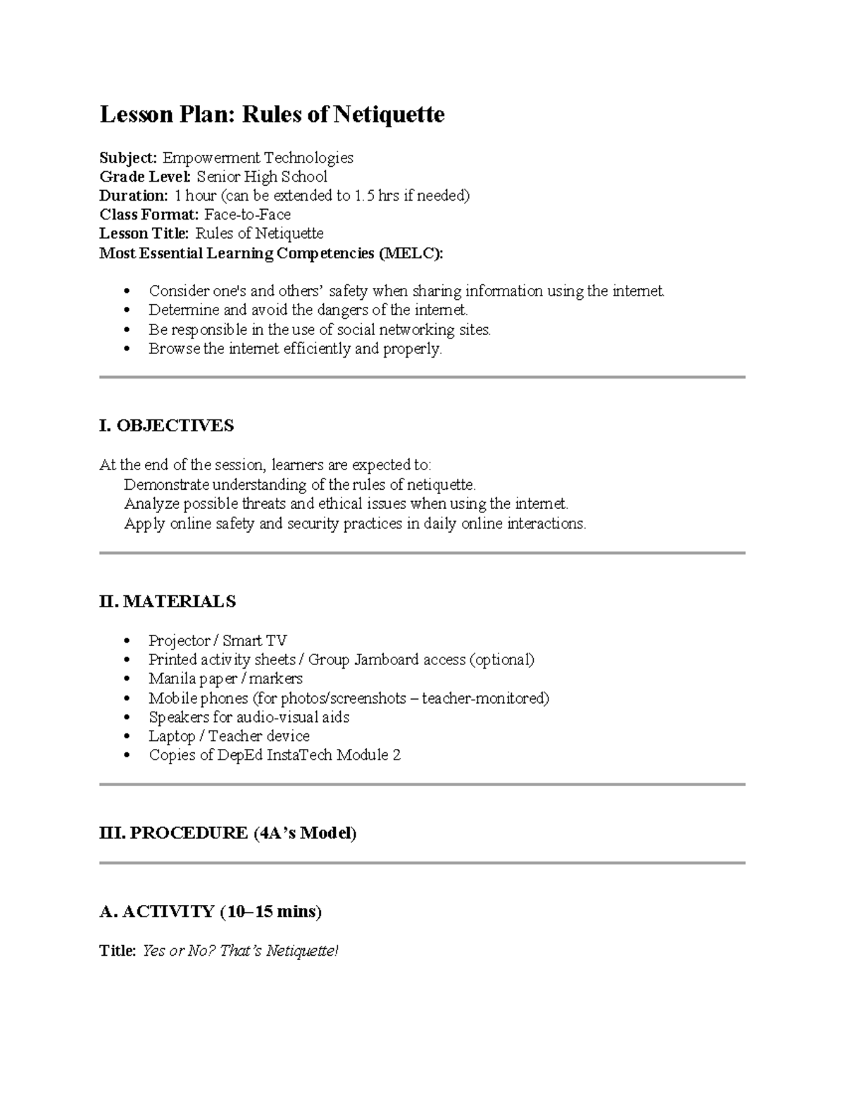 Lesson Plan: Rules of Netiquette for ICT 2 - Senior High School - Studocu