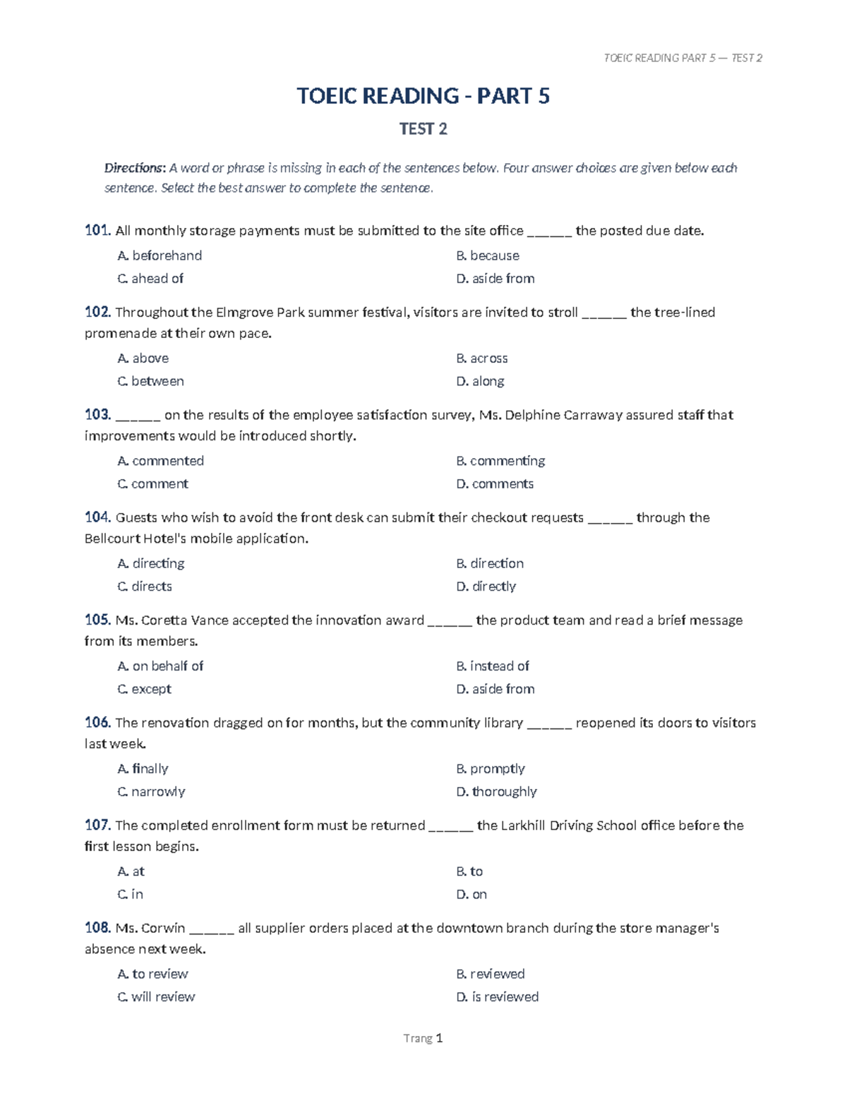 TOEIC READING PART 5 TEST 2 - Practice Questions & Answer Key - Studocu