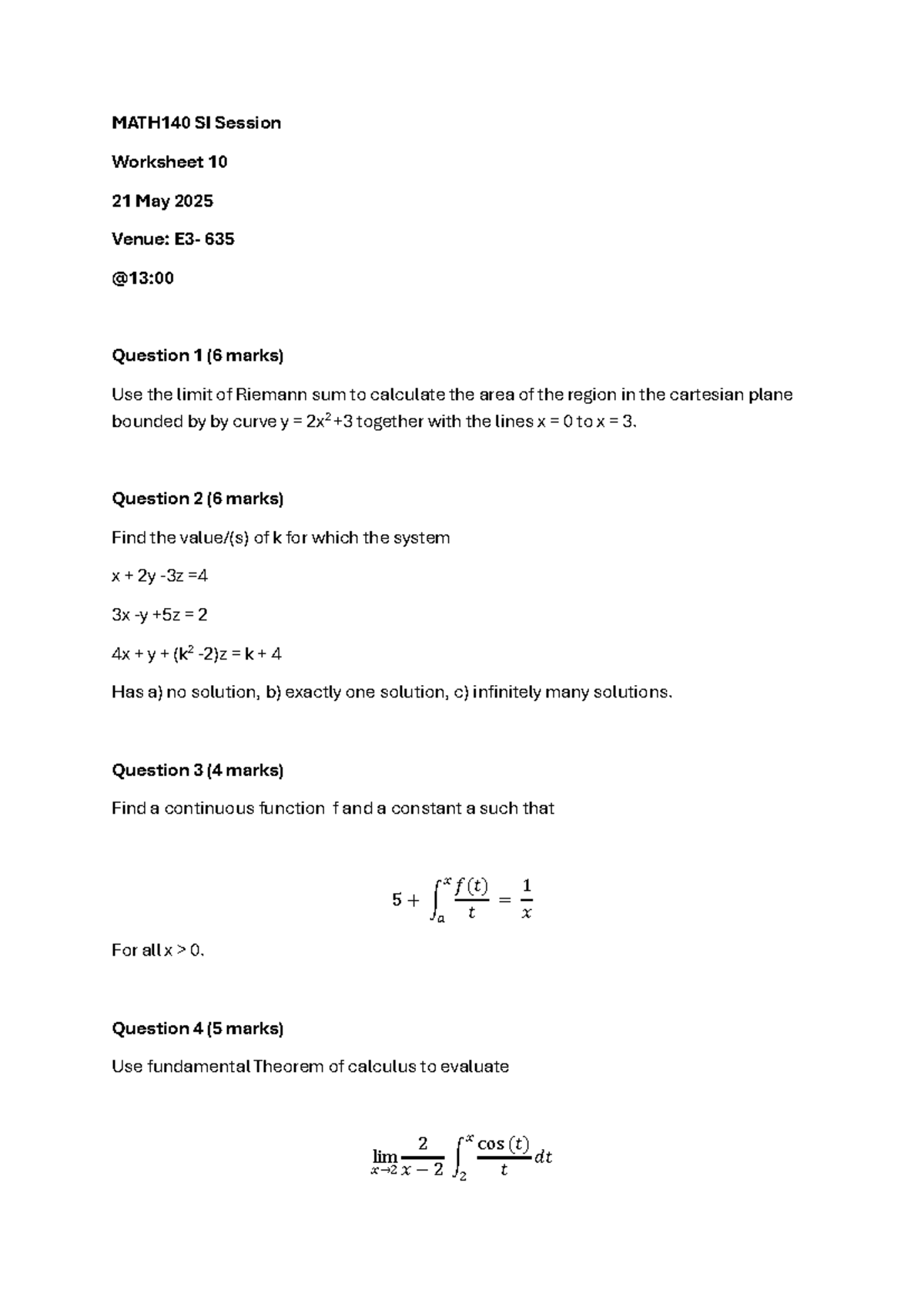 MATH140 SI Session Worksheet 10 - Area & Solutions Analysis - Studocu