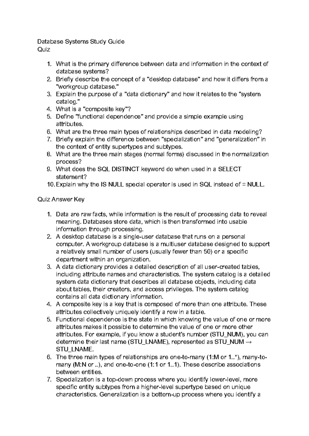 Database Systems Study Guide Quiz 1: Key Concepts & Definitions - Studocu