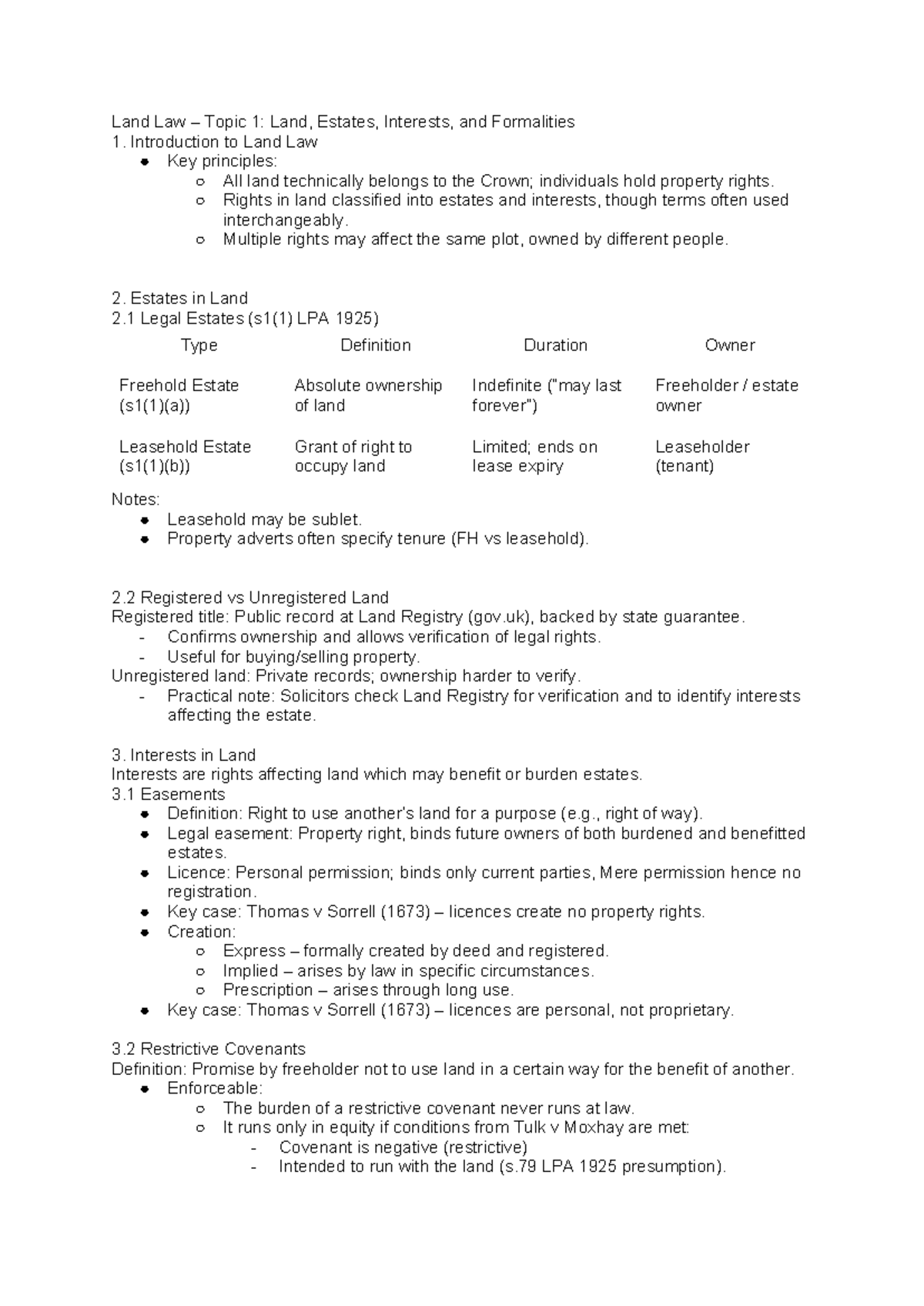 Land Law (LAW101) Topic 1: Estates, Interests, and Formalities Notes ...