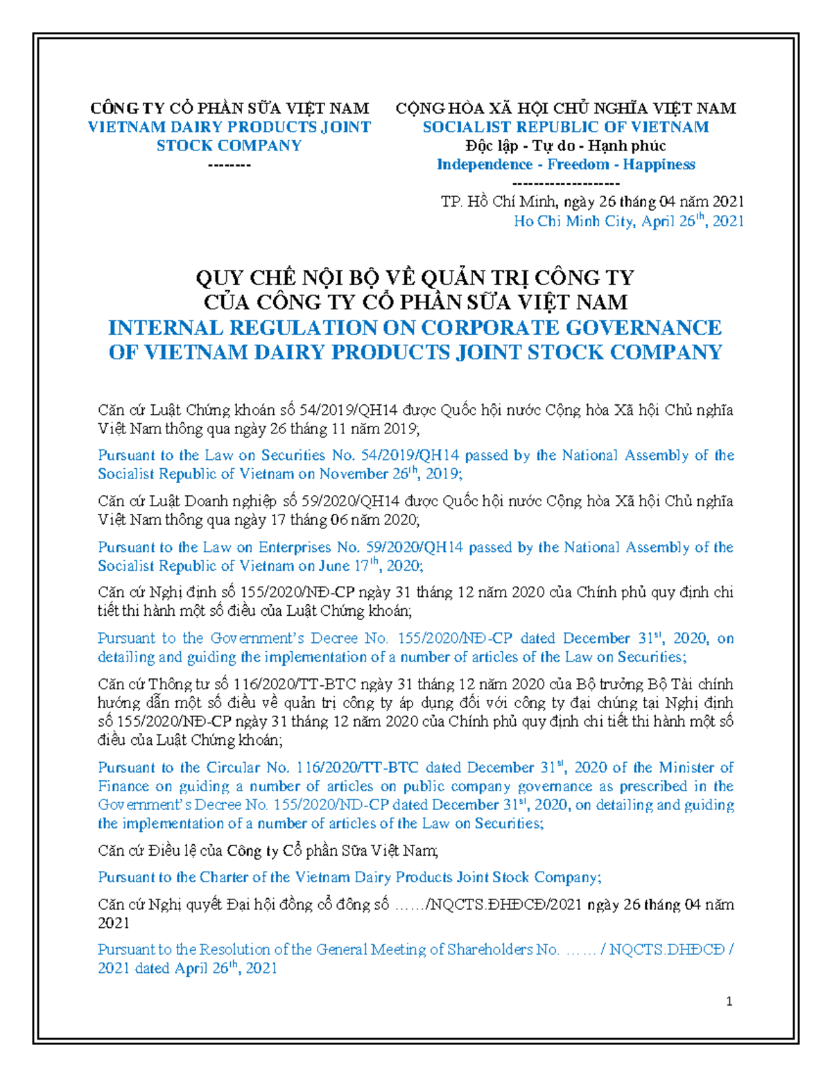 Quy chế nội bộ về quản trị tại Công ty Cổ phần Sữa Việt Nam - Document Preview