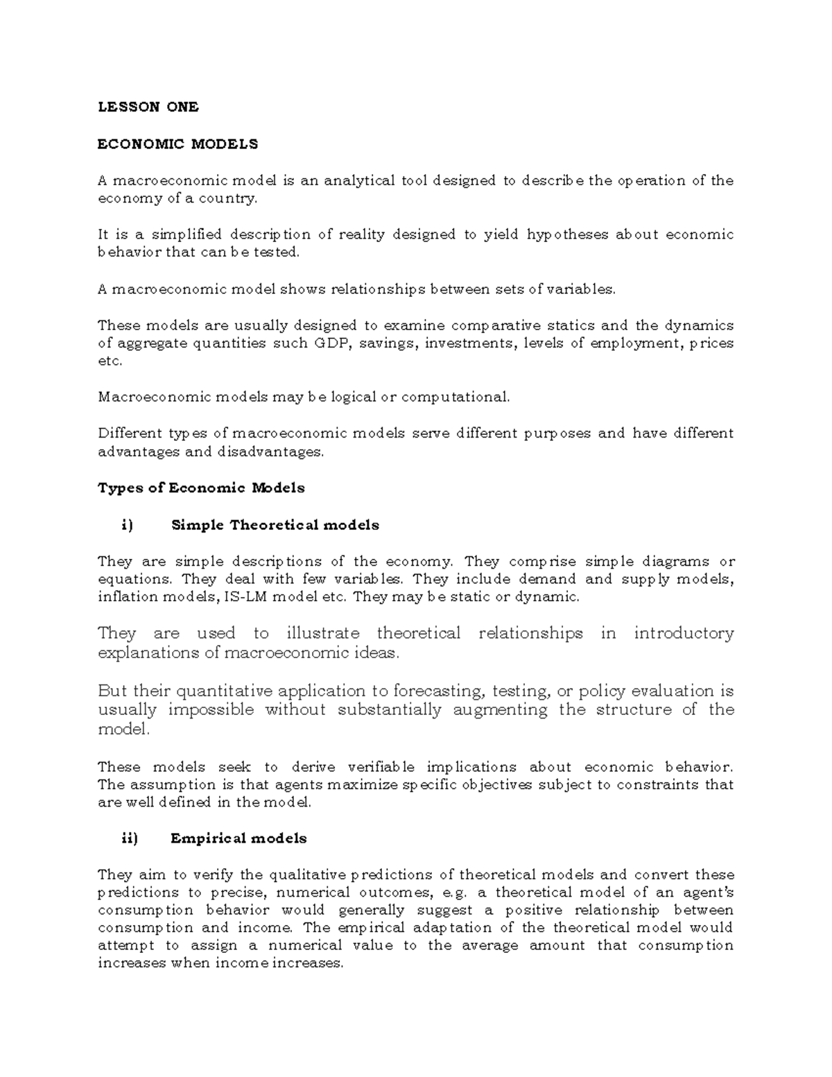 Lesson 1 - Understanding Economic Models in Macroeconomics - Studocu