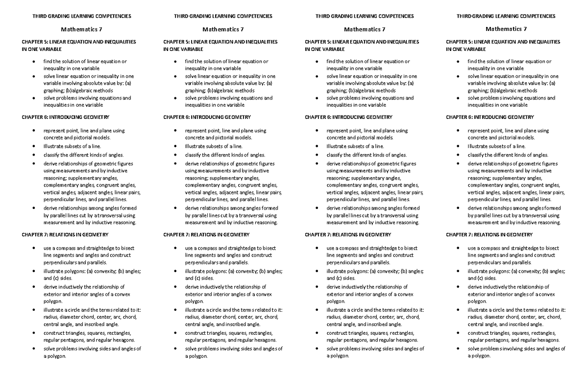 Mathematics 7: 3rd Quarter Learning Competencies Overview - Studocu
