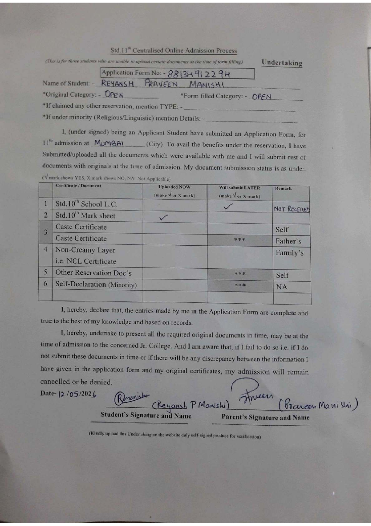 Std. 11th Admission Undertaking Form - Reyansh P. Manishi - Studocu