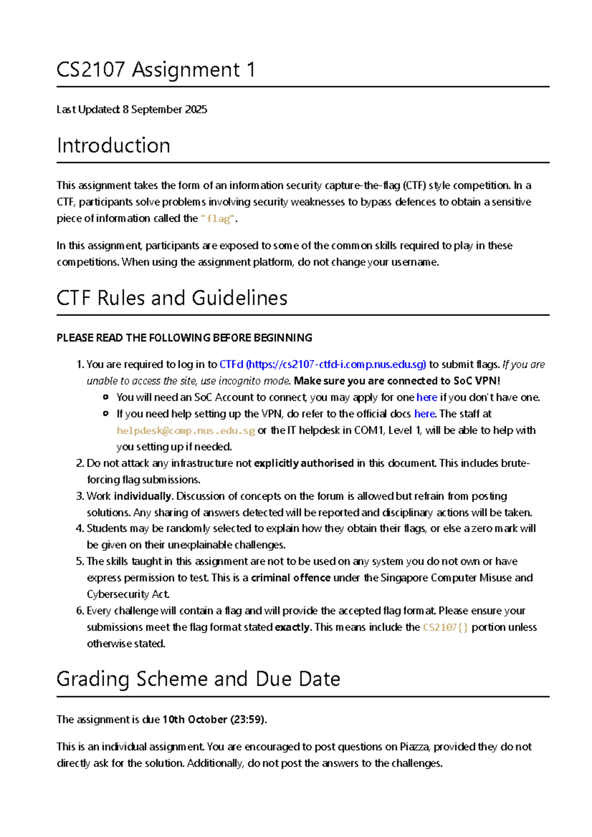 CS2107 Assignment 1: CTF Competition Guidelines and Grading - Studocu