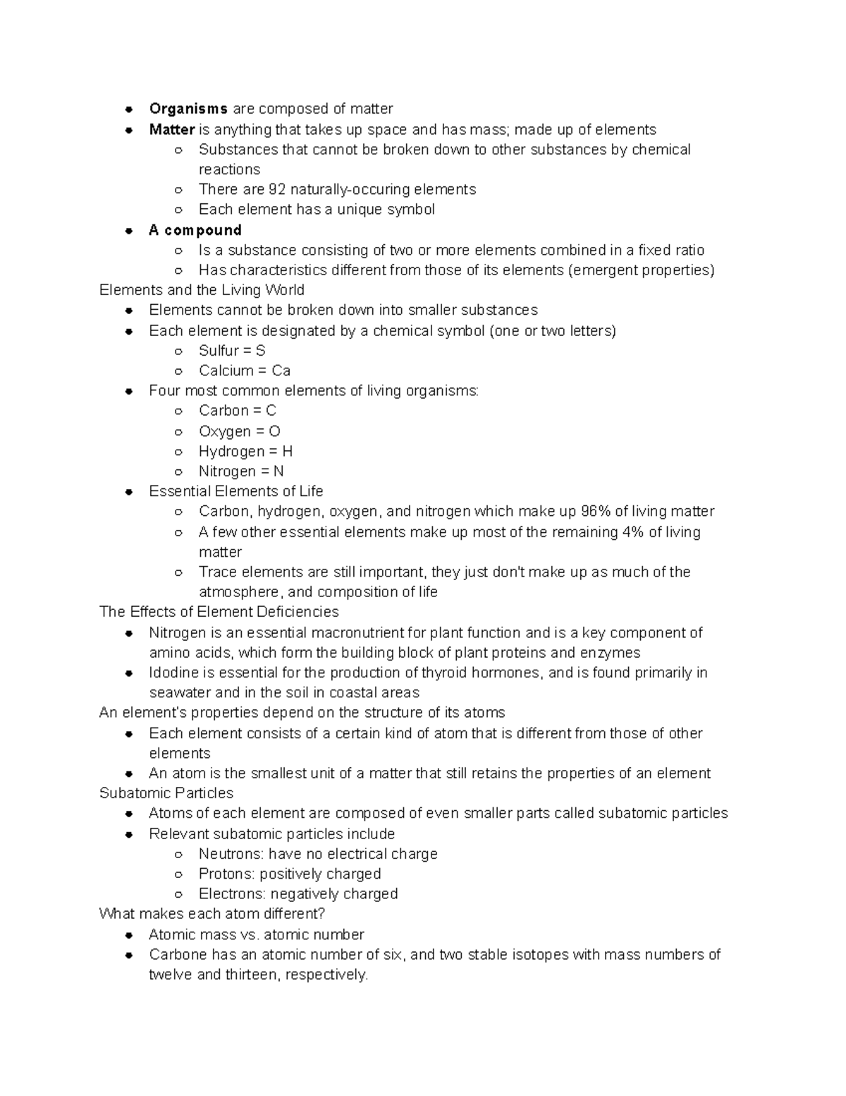 Bio 101: Chapter 2 - The Chemistry of Life and Matter - Studocu