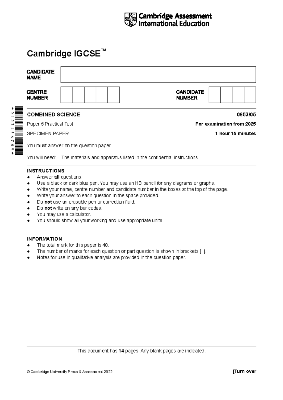 673590 IGCSE Combined Science Practical Test Specimen Paper 2025 - Studocu