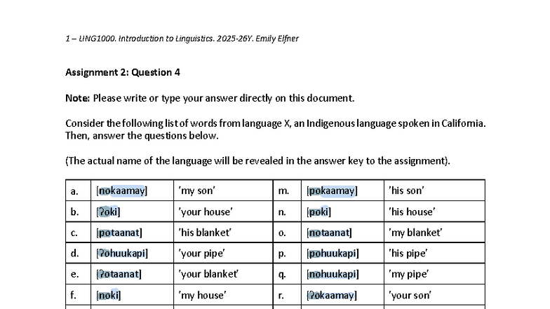 Assignment 2: Question 4 - Intro to Linguistics Analysis - Studocu