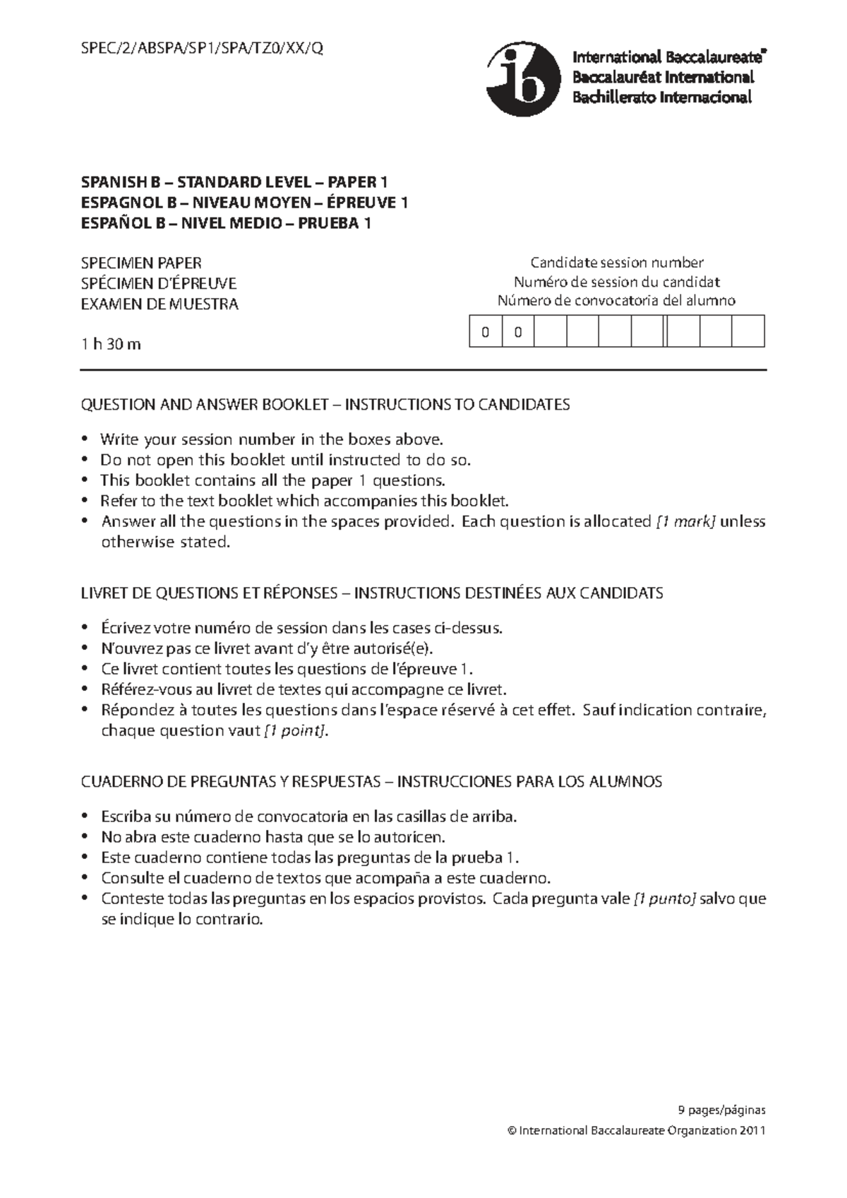 SPANISH B STANDARD LEVEL PAPER 1 - SPECIMEN EXAM 1 - Studocu