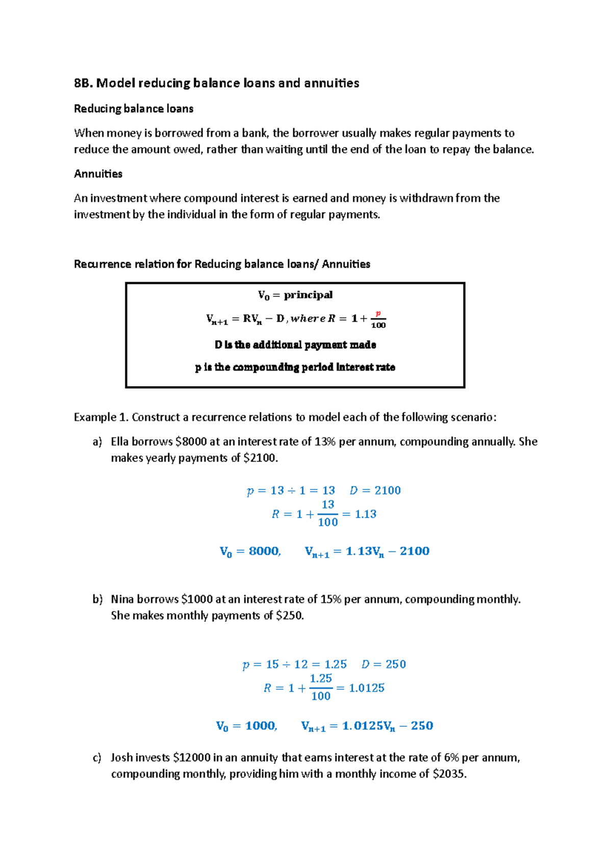 8B. Reducing Balance Loans & Annuities Recurrence Relations - Studocu