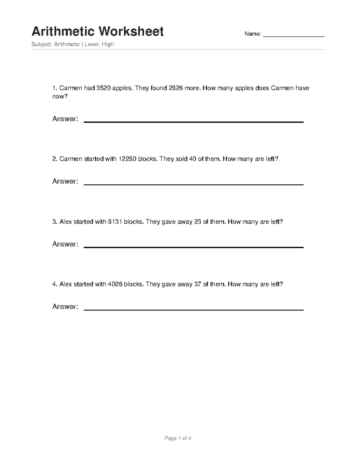 Arithmetic Worksheet - High Level Practice Problems - Studocu