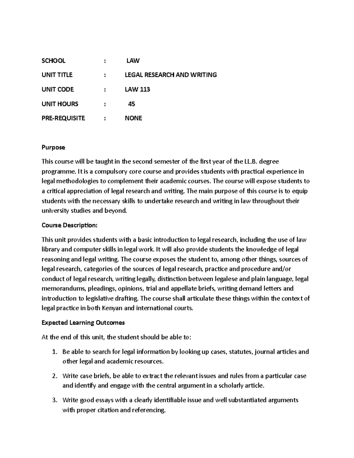LAW 113: Legal Research & Writing Course Outline - Studocu