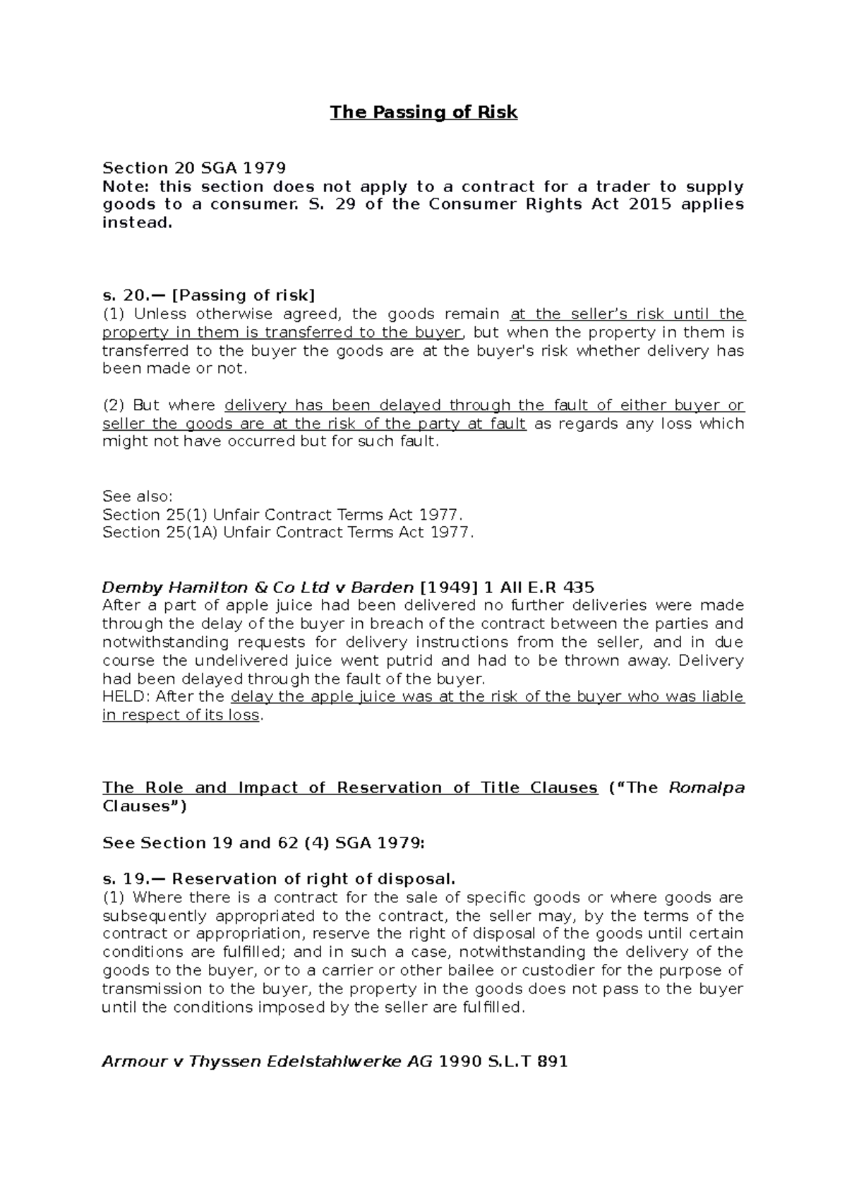 Commercial Law Notes: The Passing of Risk - SGA 1979 Analysis - Studocu