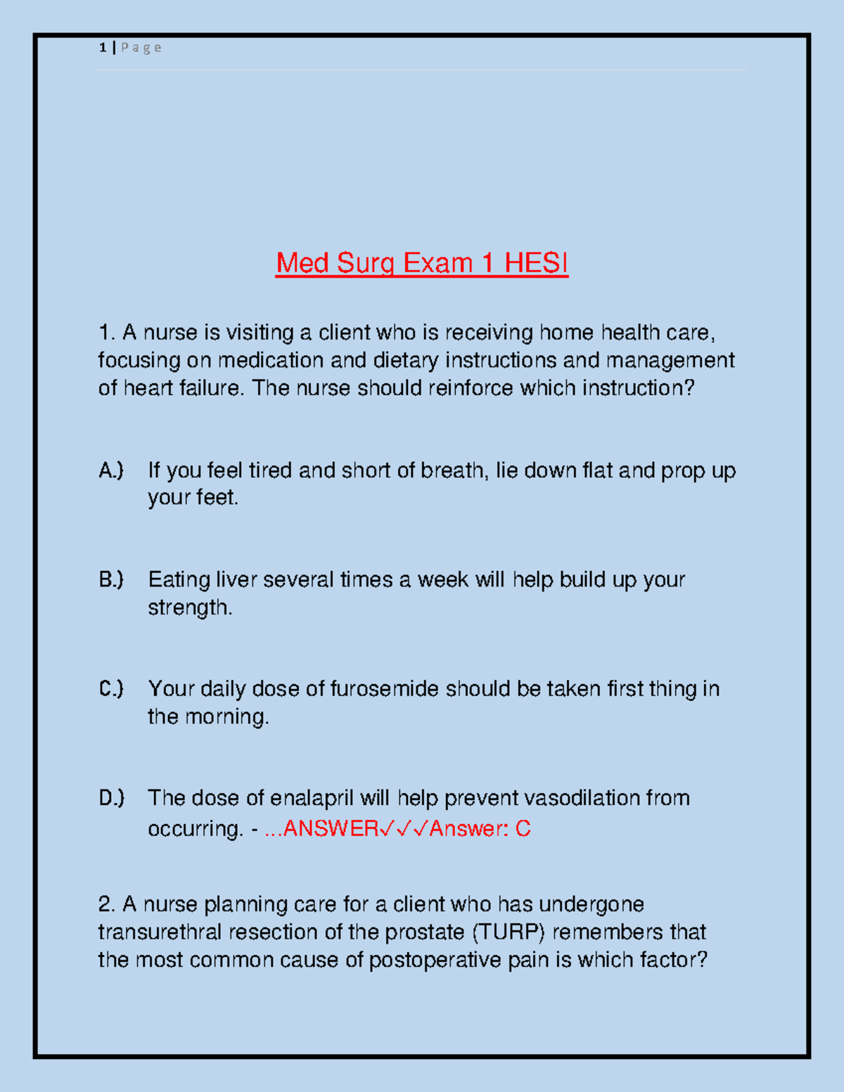 Med Surg 1 HESI Final Exam Review - Key Concepts and Questions ...