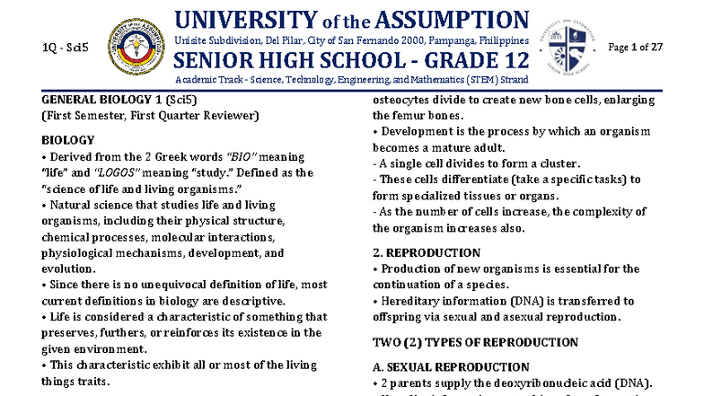 General Biology 1 (Sci5) First Semester Reviewer for Grade 12 STEM ...