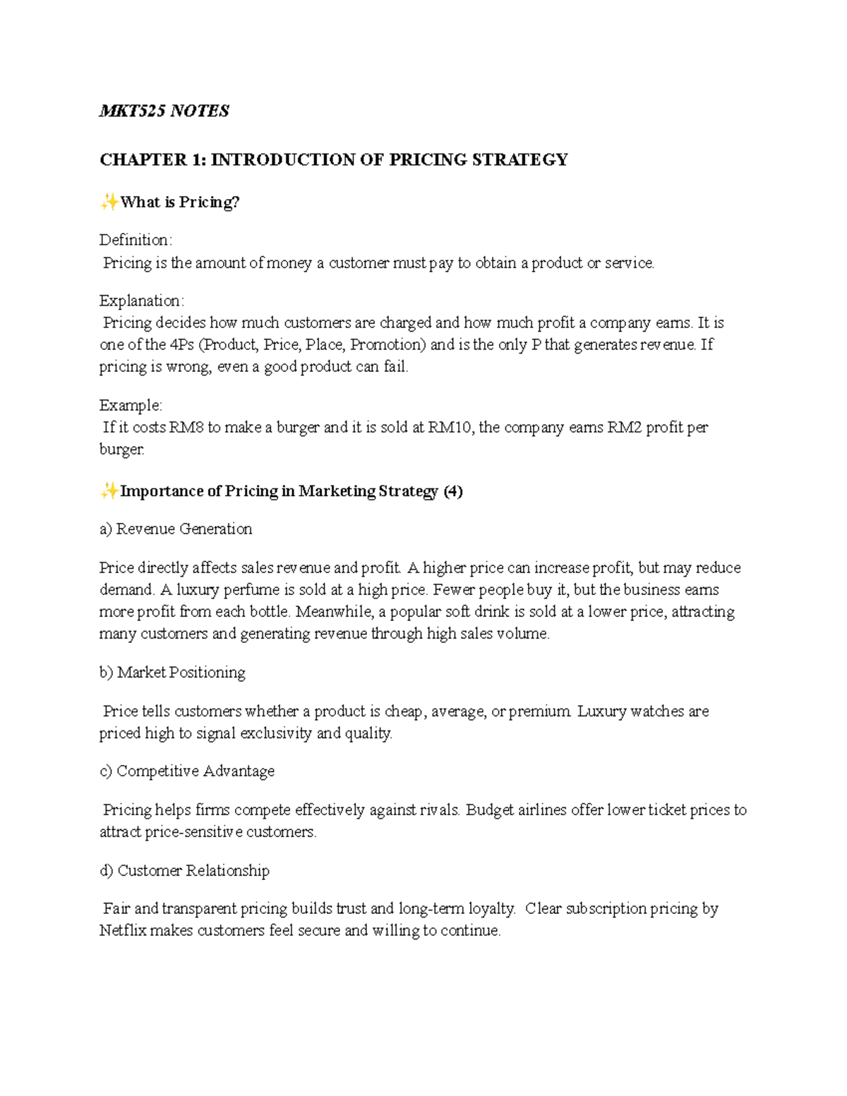 MKT525 Notes: Chapter 1 - Introduction to Pricing Strategy - Studocu