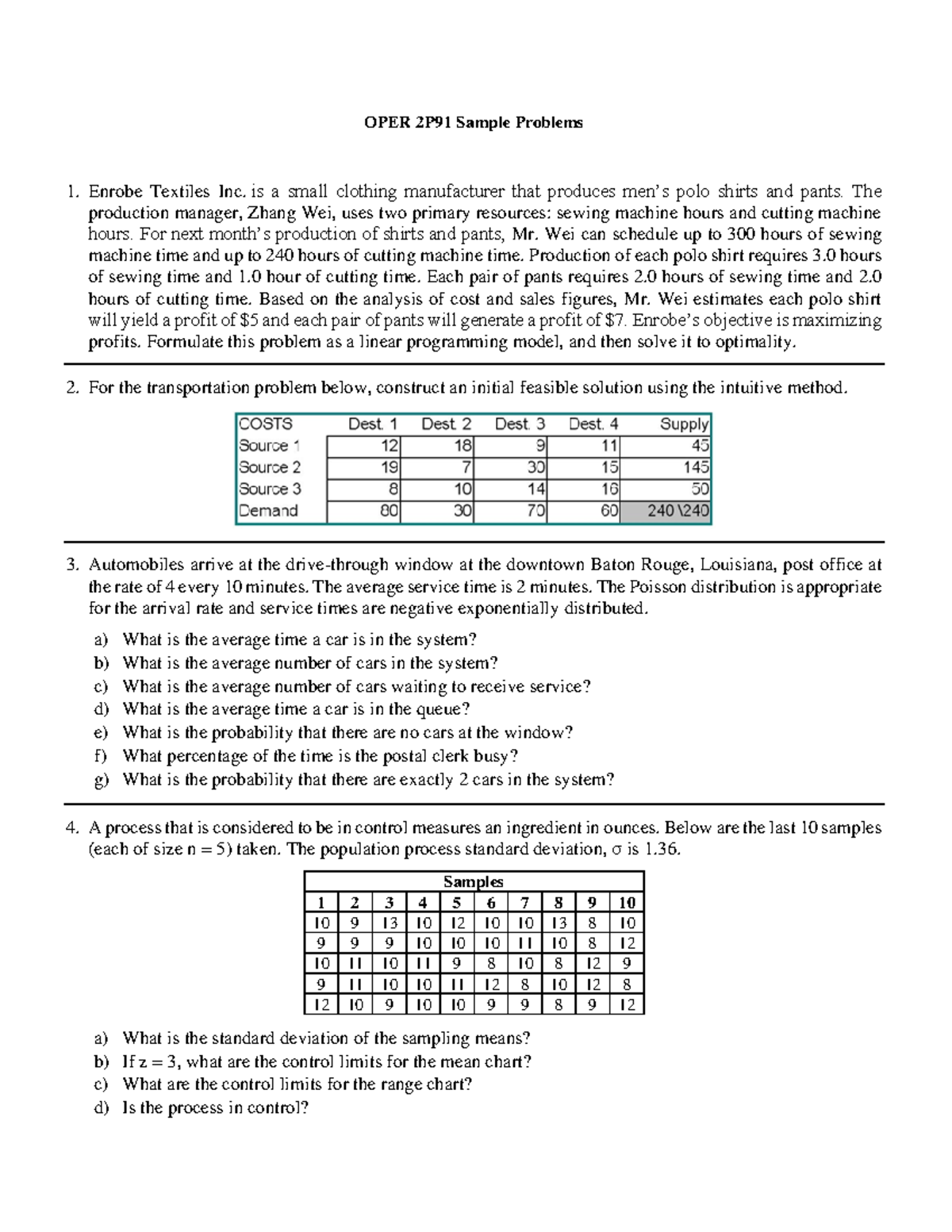 OPER 2P91: Sample Problems in Production & Operations Management - Studocu