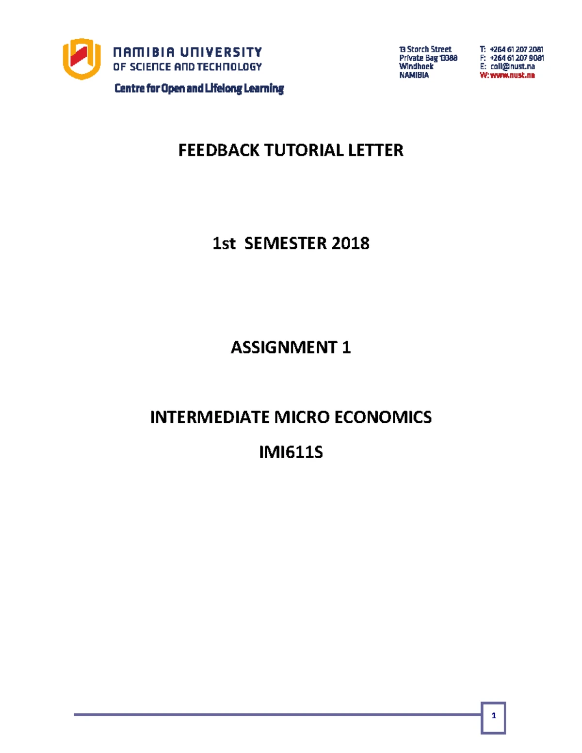 Intermediate Macro Economics IMA612S - Feedback Tutorial Assignment 1 ...