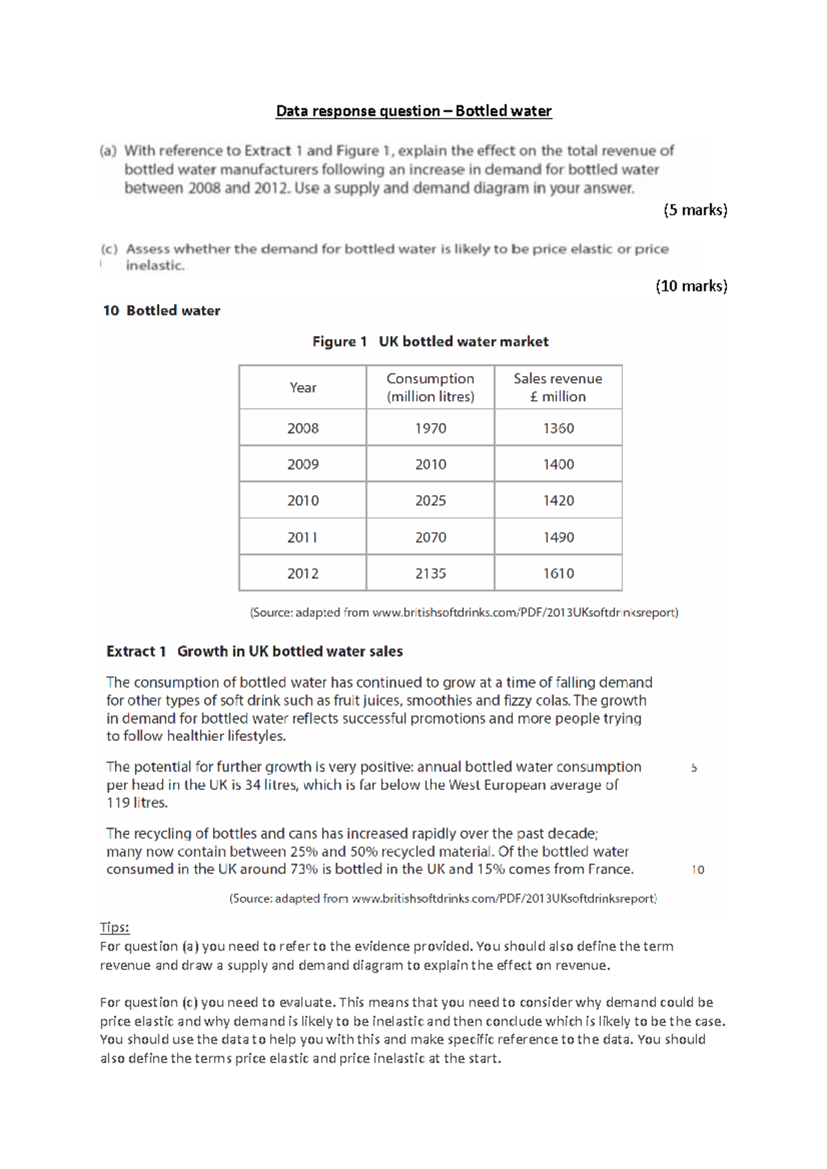 Data Response Question: Bottled Water Analysis (5 & 10 Marks) - Studocu