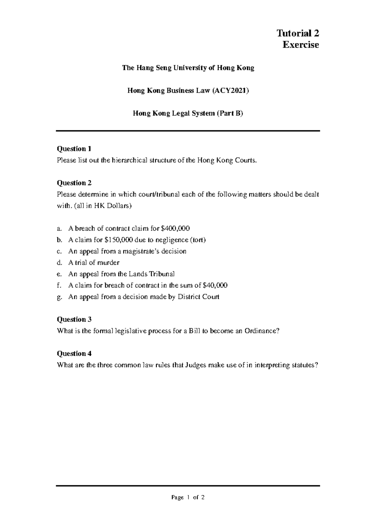 HK Business Law Tutorial 2: HK Legal System Part B Questions - Studocu