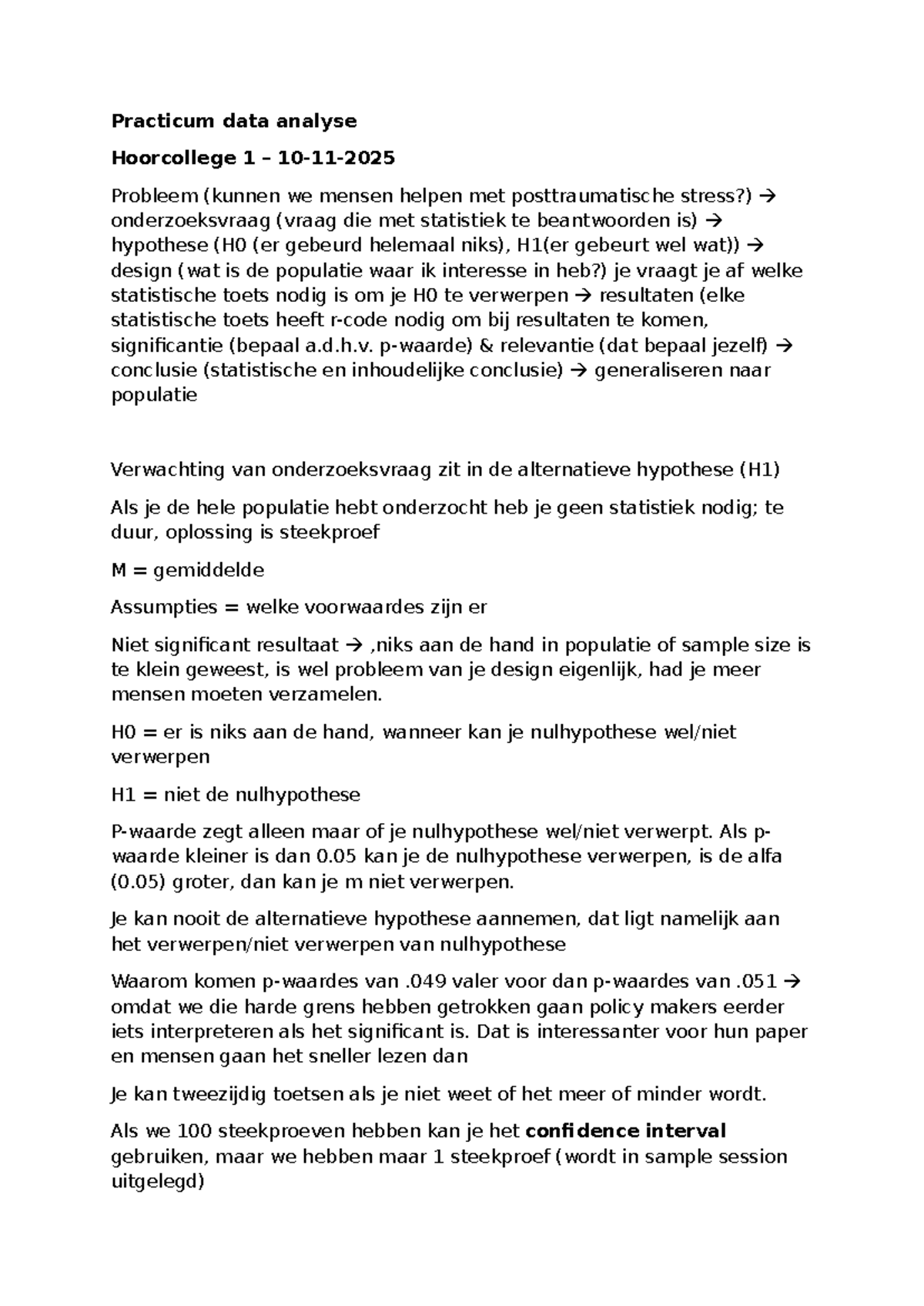Practicum Data Analyse Hoorcollege 1: Statistische Toetsen en ...