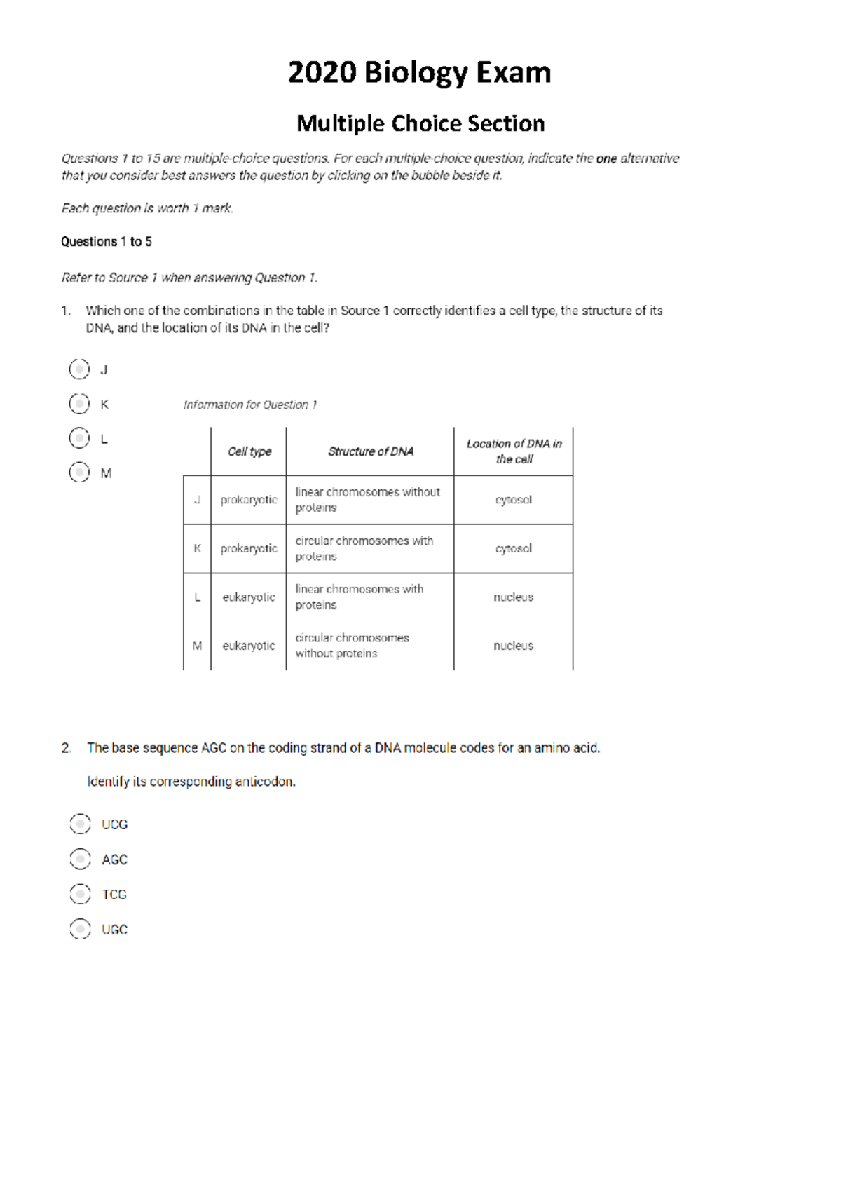 2020 SACE - Practice exam - 2020 Biology Exam Multiple Choice Section ...
