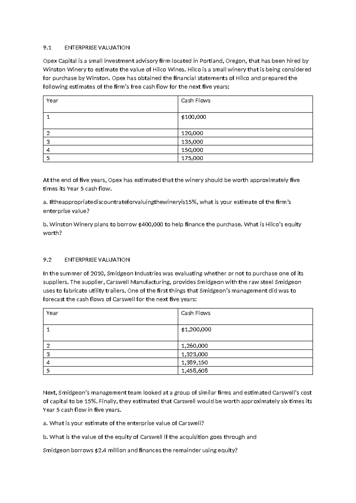 Enterprise Valuation Case Studies for Finance 101 Assignment - Studocu