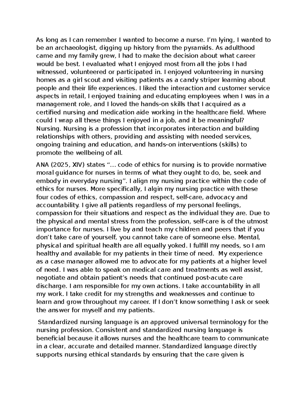 Assignment 1 BSN 405 - Nursing Career Reflection and Ethics Essay - Studocu