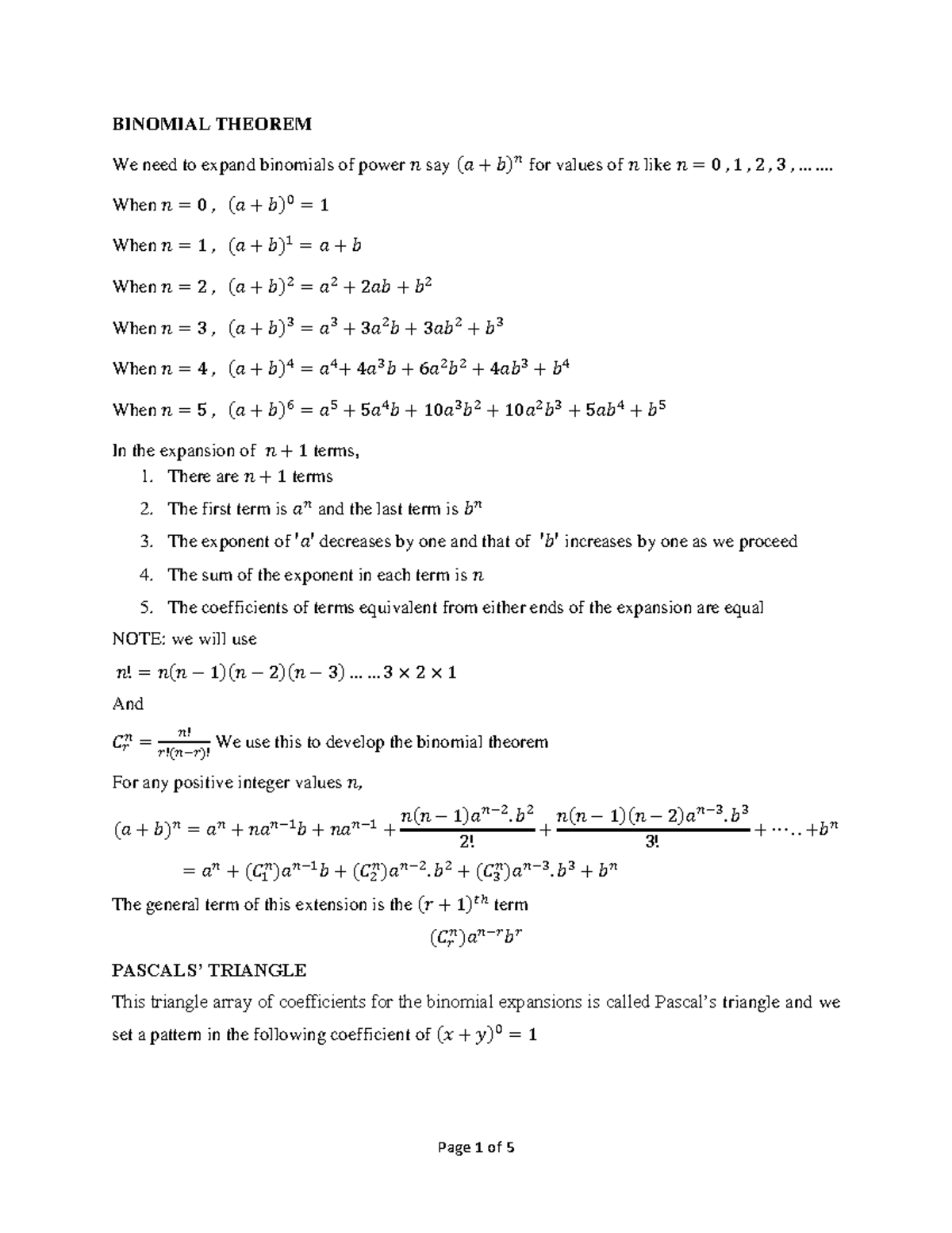 Binomial Theorem Notes - MSDNCJKZDV - Studocu