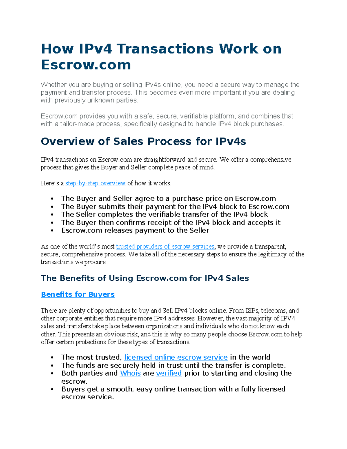 IPv4 Transactions on Escrow.com: A Secure Sales Process Guide - Studocu