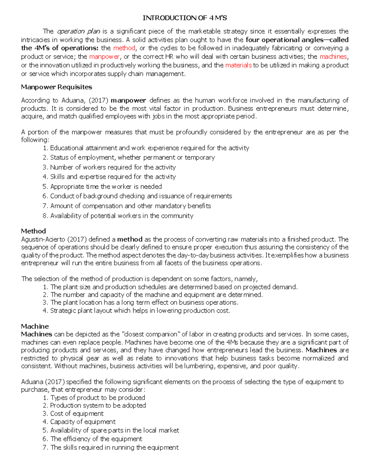 Handouts for Entrep 4TH Quarter: Understanding the 4M’s in Operations ...
