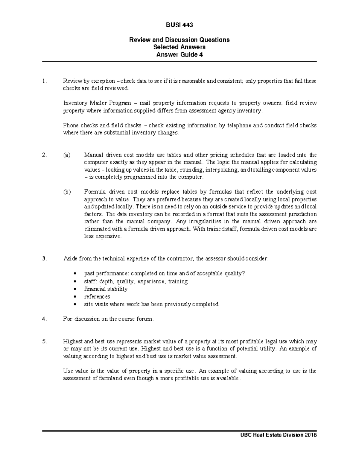 Lesson 4 Review Question Answers - UBC Real Estate Division 2018 BUSI ...