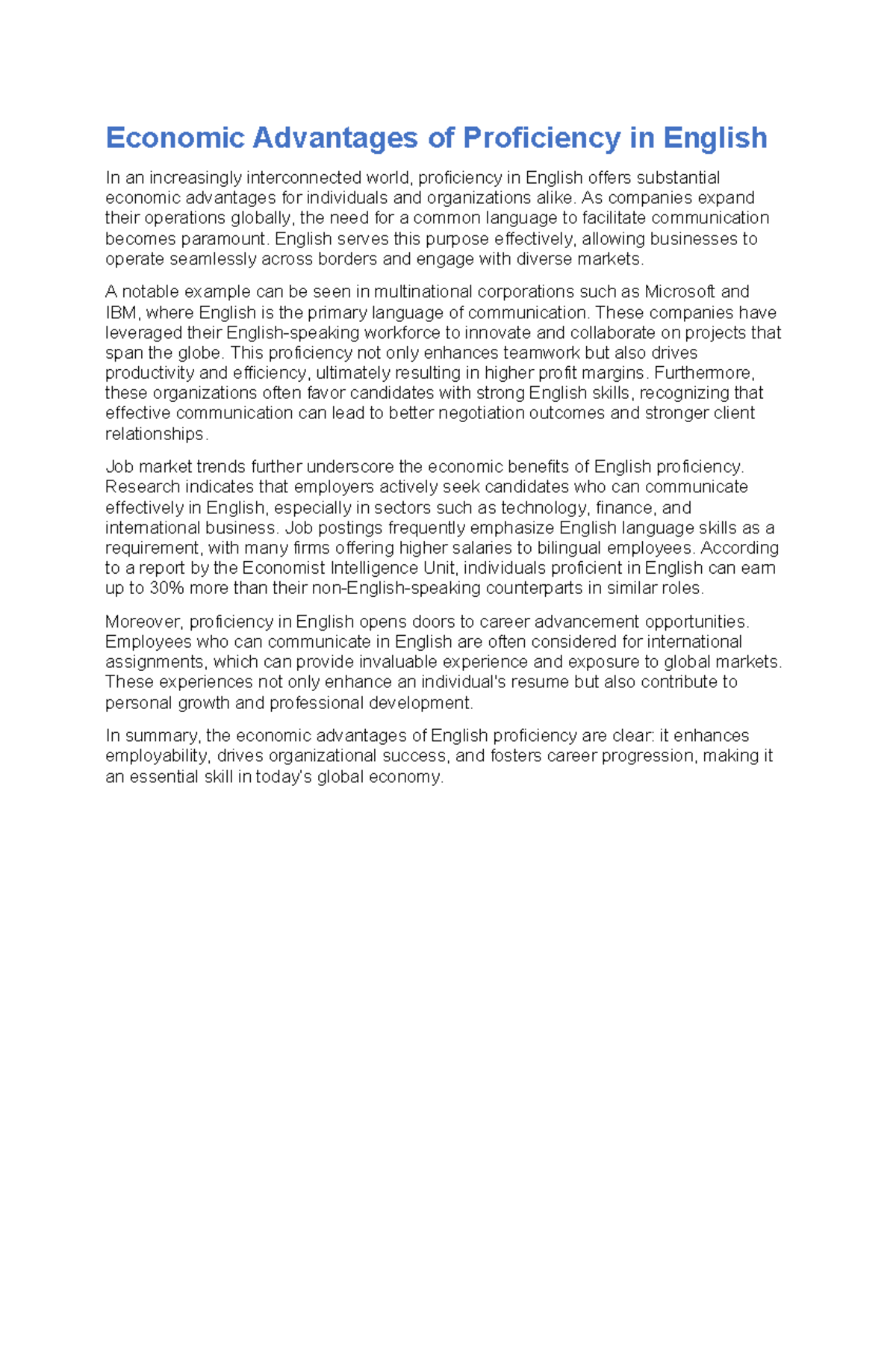 Economic Benefits of English Proficiency in the Global Workforce - Studocu