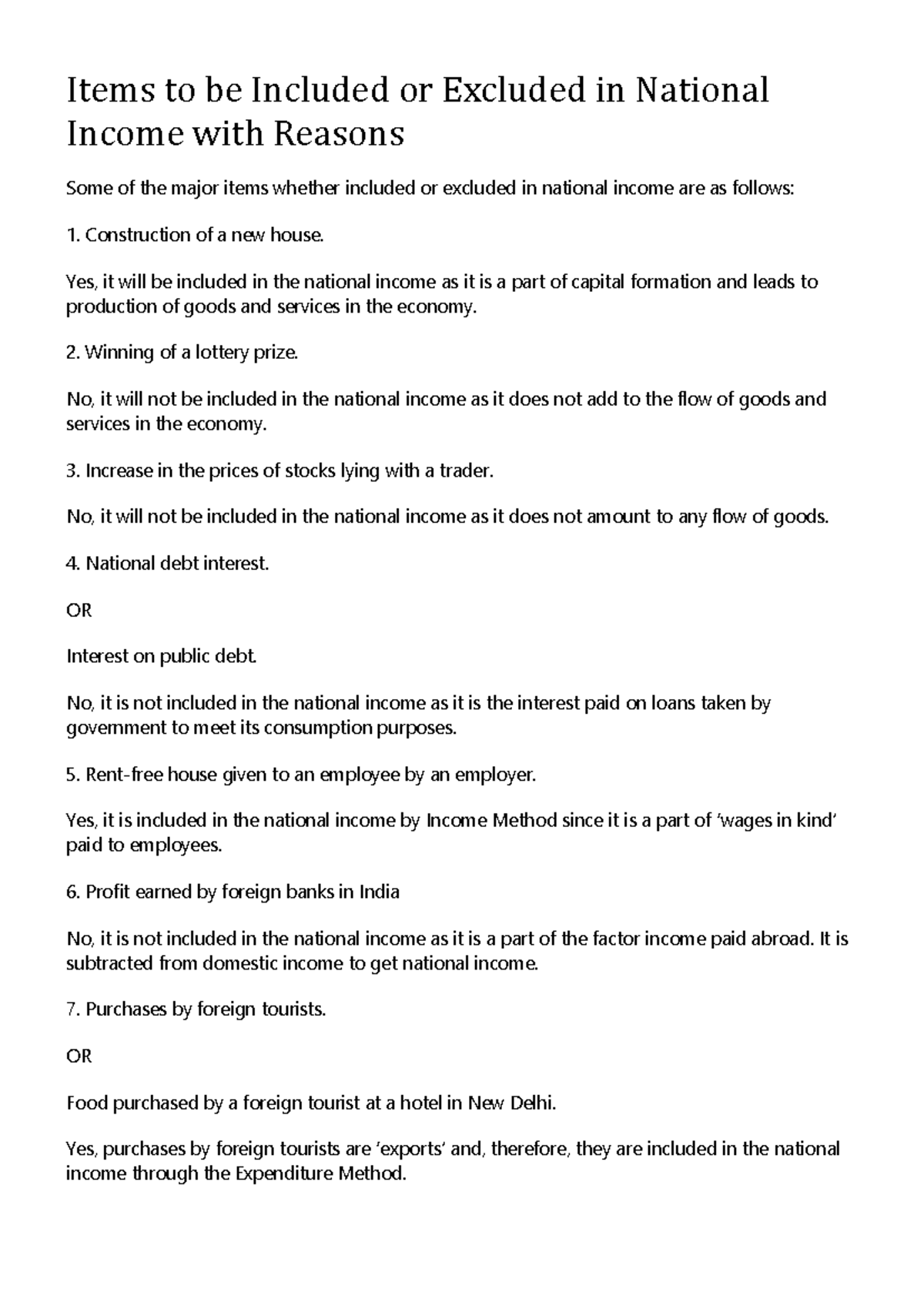 Extra Notes on National Income: Included & Excluded Items (61034698 ...