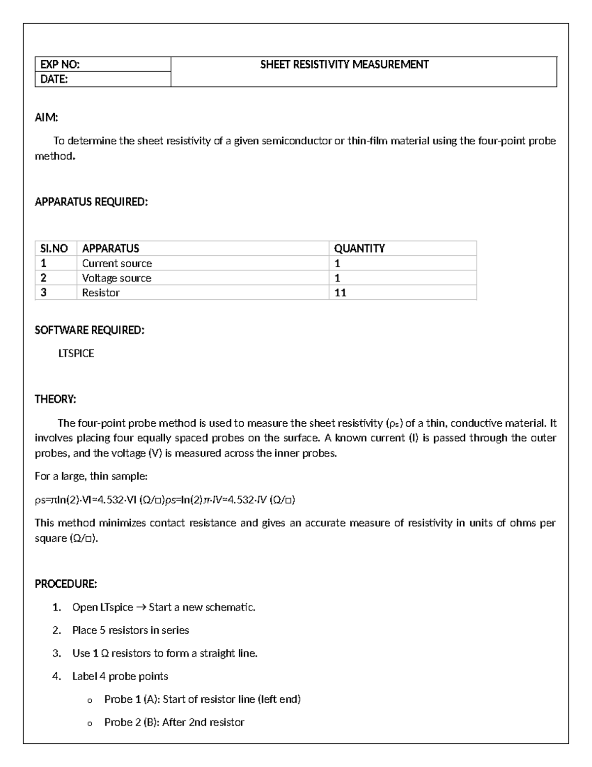 Sheet Resistivity Measurement Lab Report - EXP NO: DATE: - Studocu