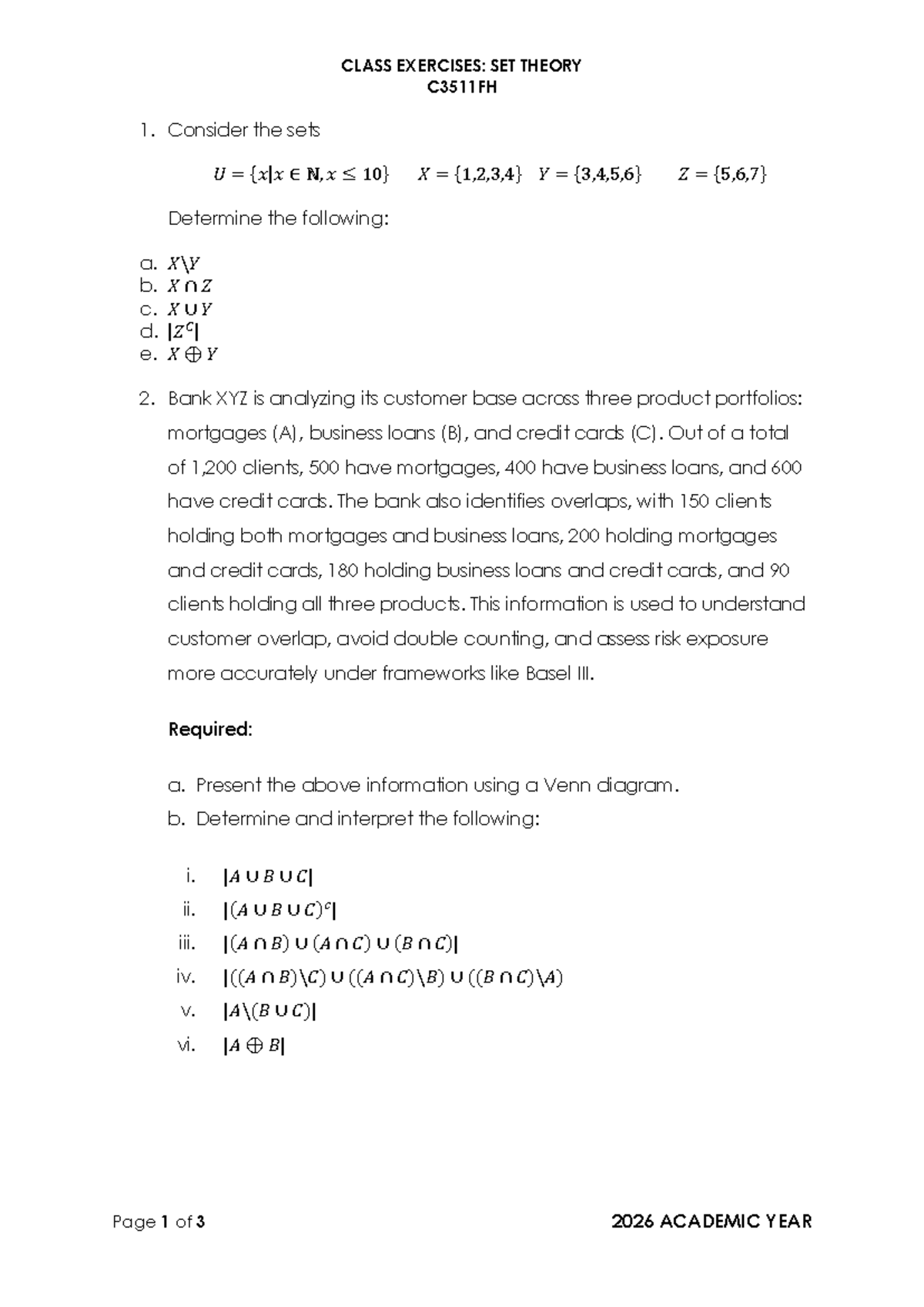 Class Exercises: Set Theory C3511FH - Venn Diagrams & Analysis - Studocu