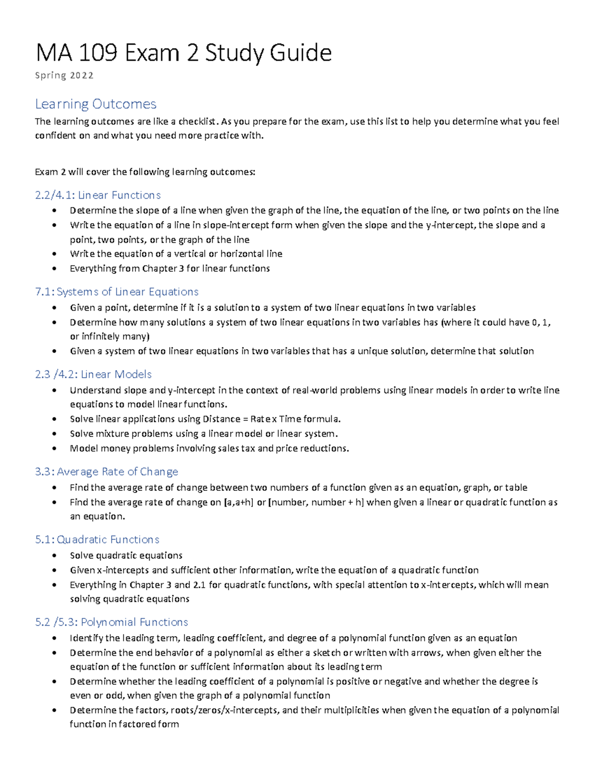 MA109 Exam 2 Comprehensive Study Guide - Spring 2022 - Studocu